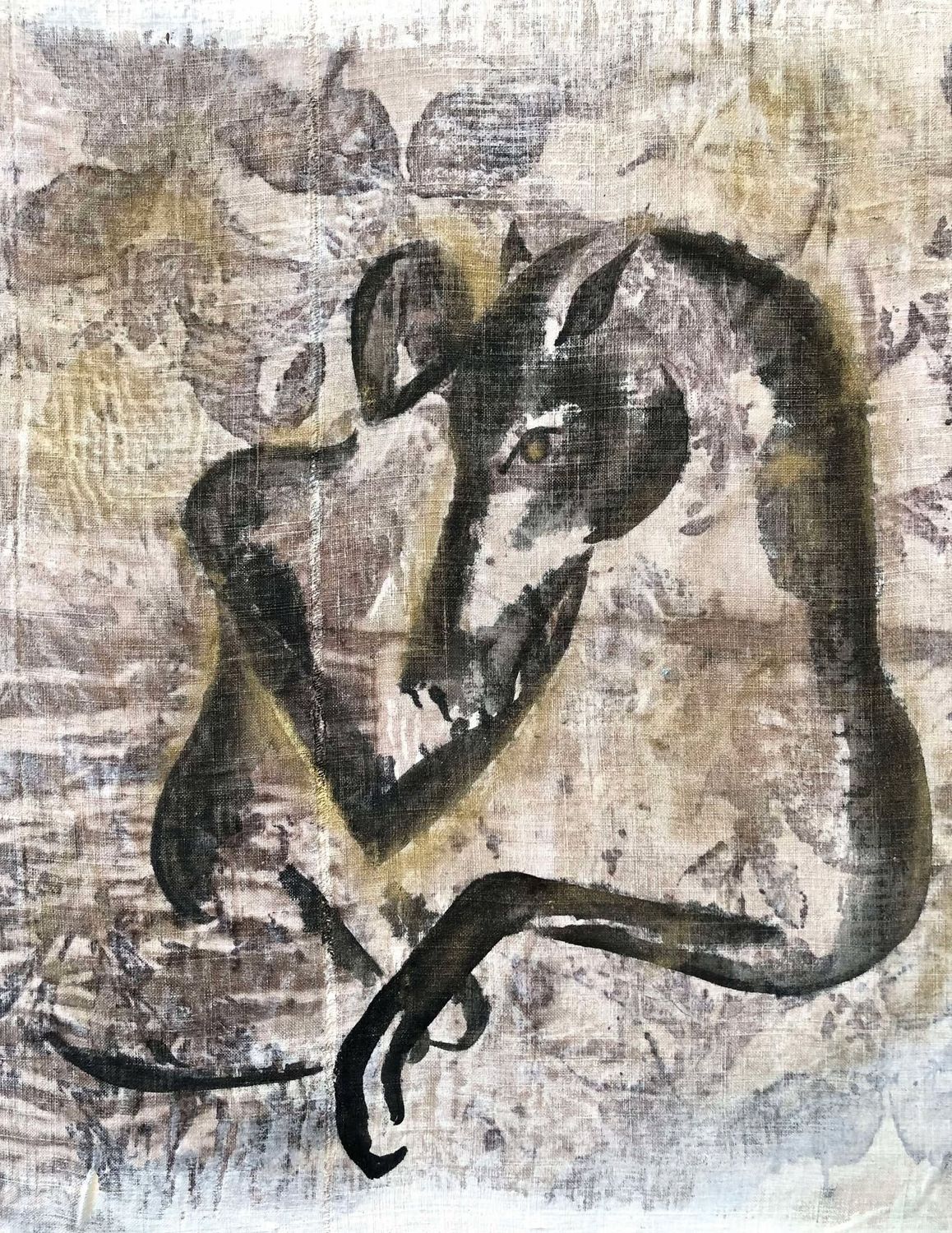 "Intensité". Sur une grande toile châssis lin 100x81cm.  Tissus et végétaux, encres..... "Ignara".