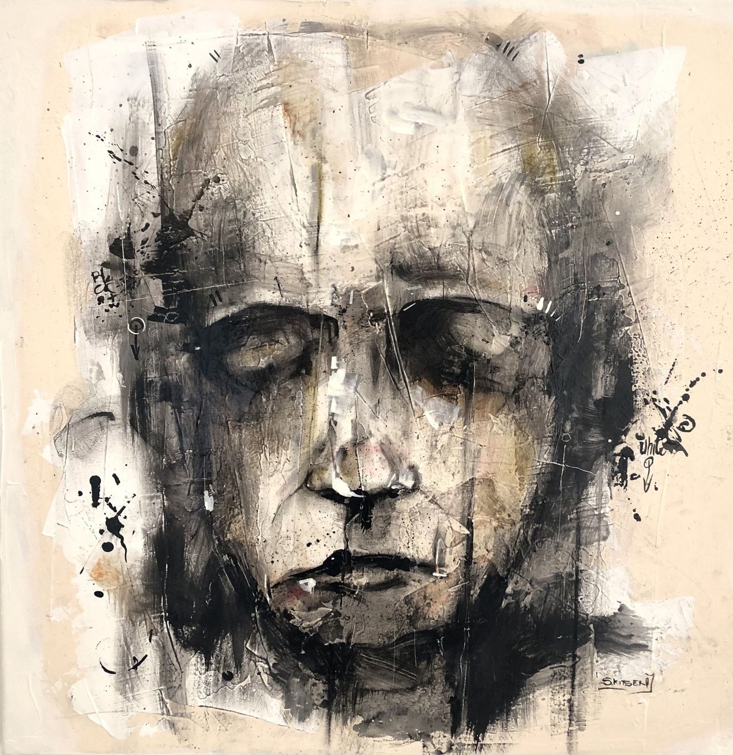 "Songes". Sur toile châssis lin 60x60cm. Fusains, encre chine....vernis. 'Skitsen".