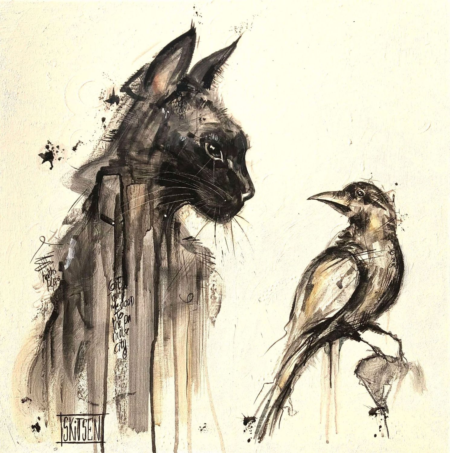 "Le chat et l'oiseau"...  Sur une toile châssis lin 60x60cm. Matière, fusains, pastels, encre chine.  "Skitsen"