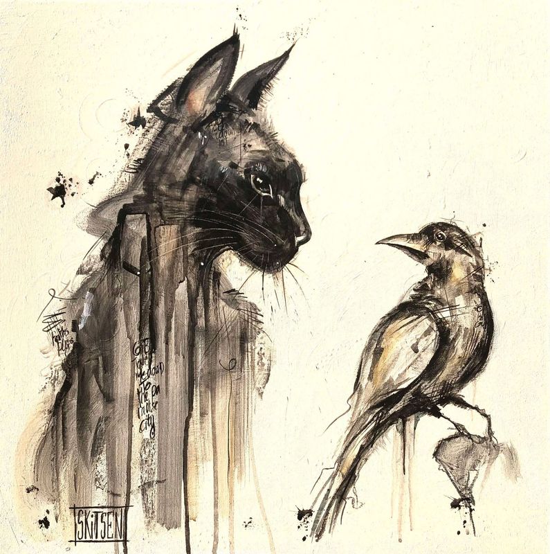 "Le chat et l'oiseau"...  Sur une toile châssis lin 60x60cm. Matière, fusains, pastels, encre chine.  "Skitsen"