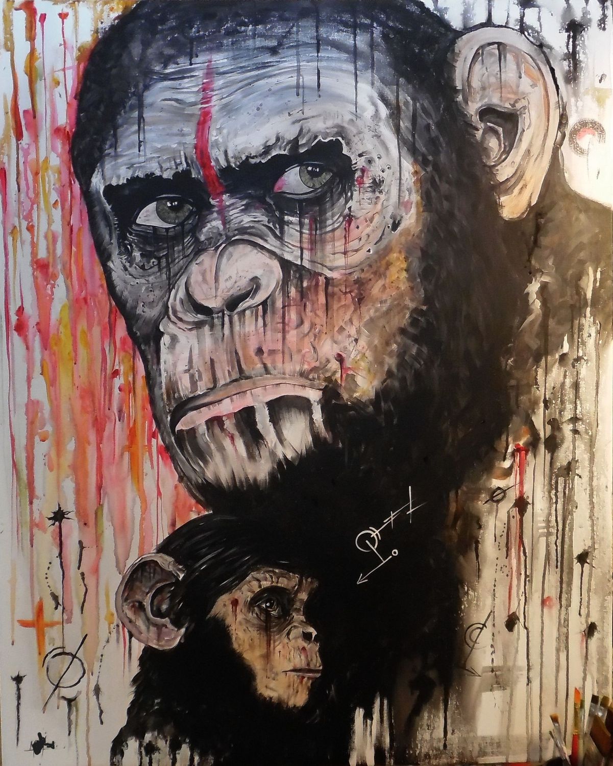 "Sur la Planète des singes". Toile châssis lin 100x81cm. Acrylique, pastels, encres, fusains. "Skitsen"