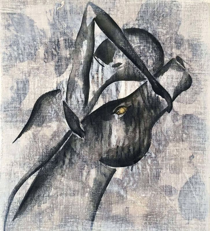 "Osmose". Sur toile châssis lin 55x46cm. Encre chine sur du tissus à impression végétale naturel. "Ignara".