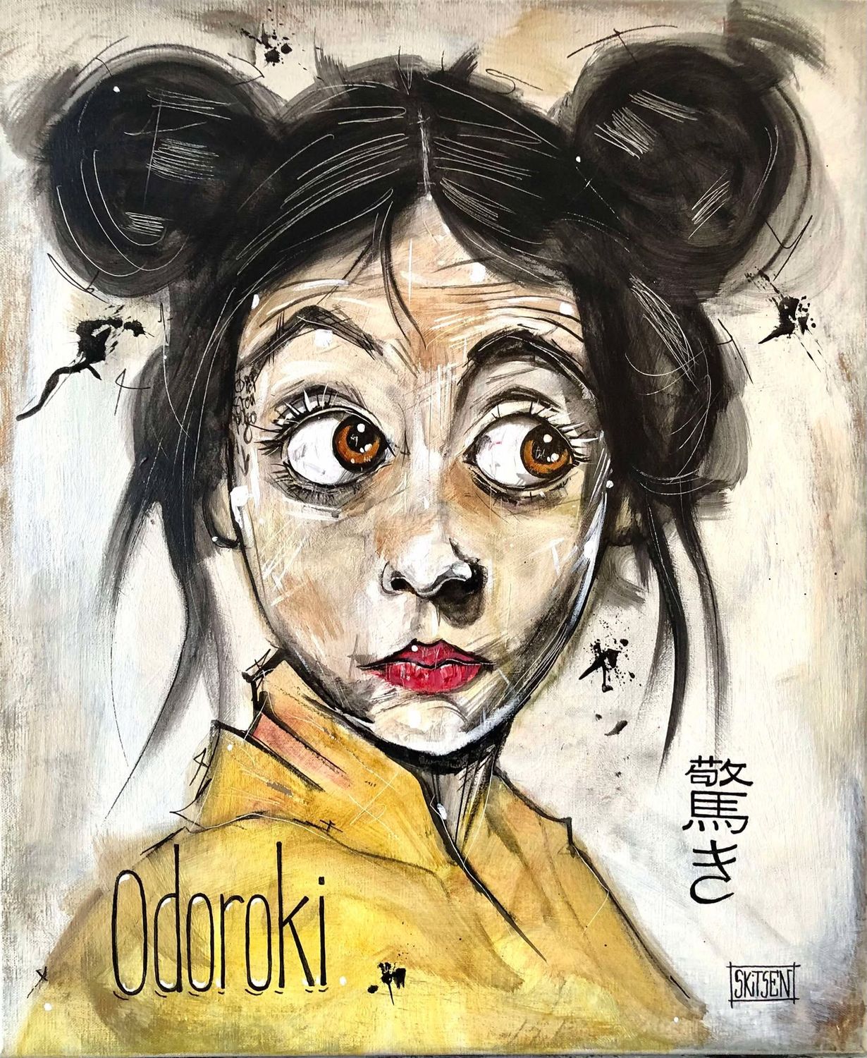 "Odoroki / L'étonnement" Sur une toile châssis lin de 55x46cm. Pastels, fusains, encres.... "Skitsen"
