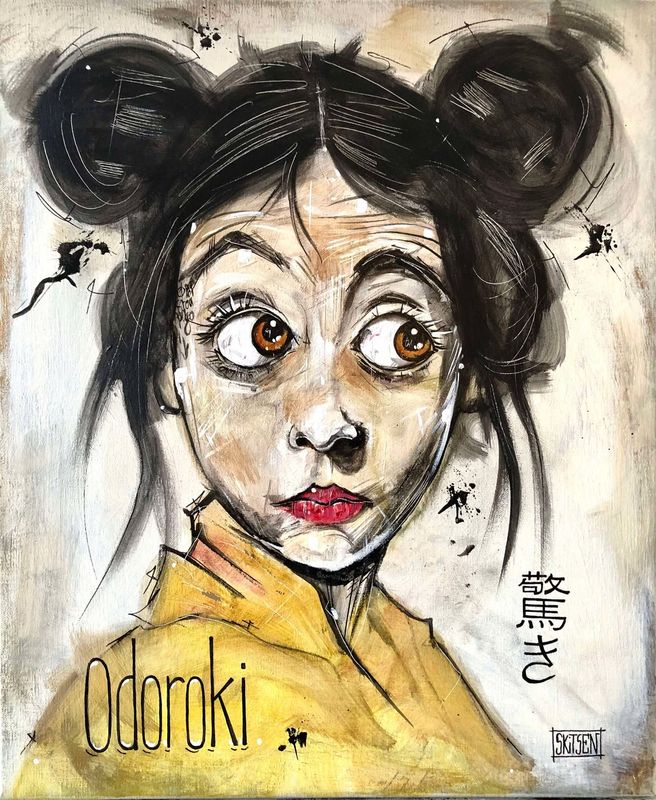 "Odoroki / L'étonnement" Sur une toile châssis lin de 55x46cm. Pastels, fusains, encres.... "Skitsen"