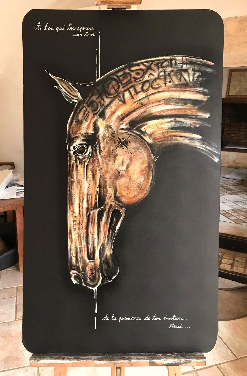 "Toi qui transperces mon âme..." Sur une plaque bois de 100x50cm. Acrylique, pastels, fusains, encres. "Skitsen".
