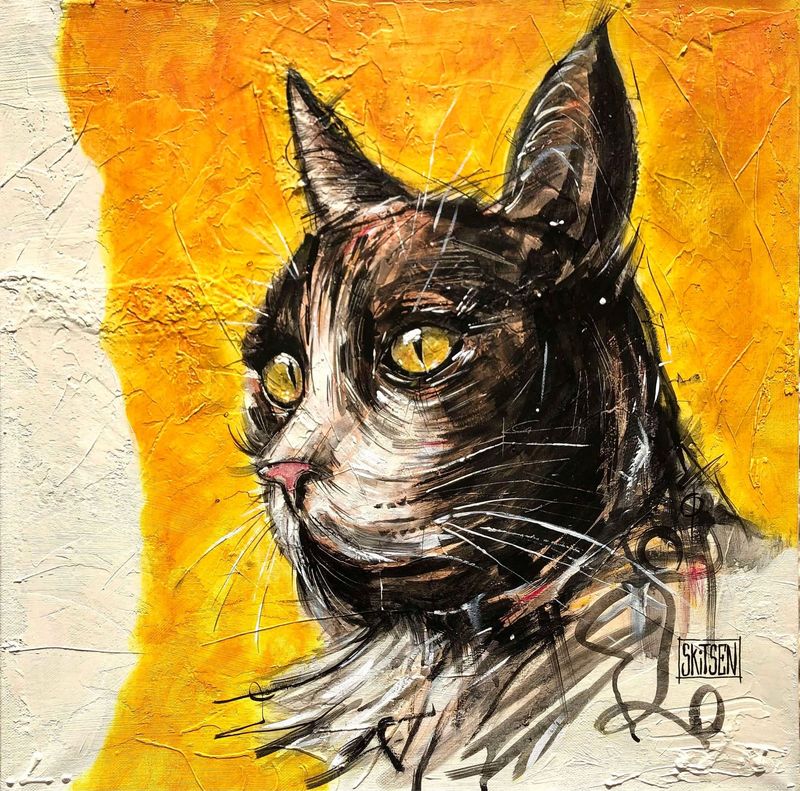 "Le Chat sauvage". Sur une toile châssis lin de 50x50cm. Fusains, pastels, encres, vernis... "Skitsen"