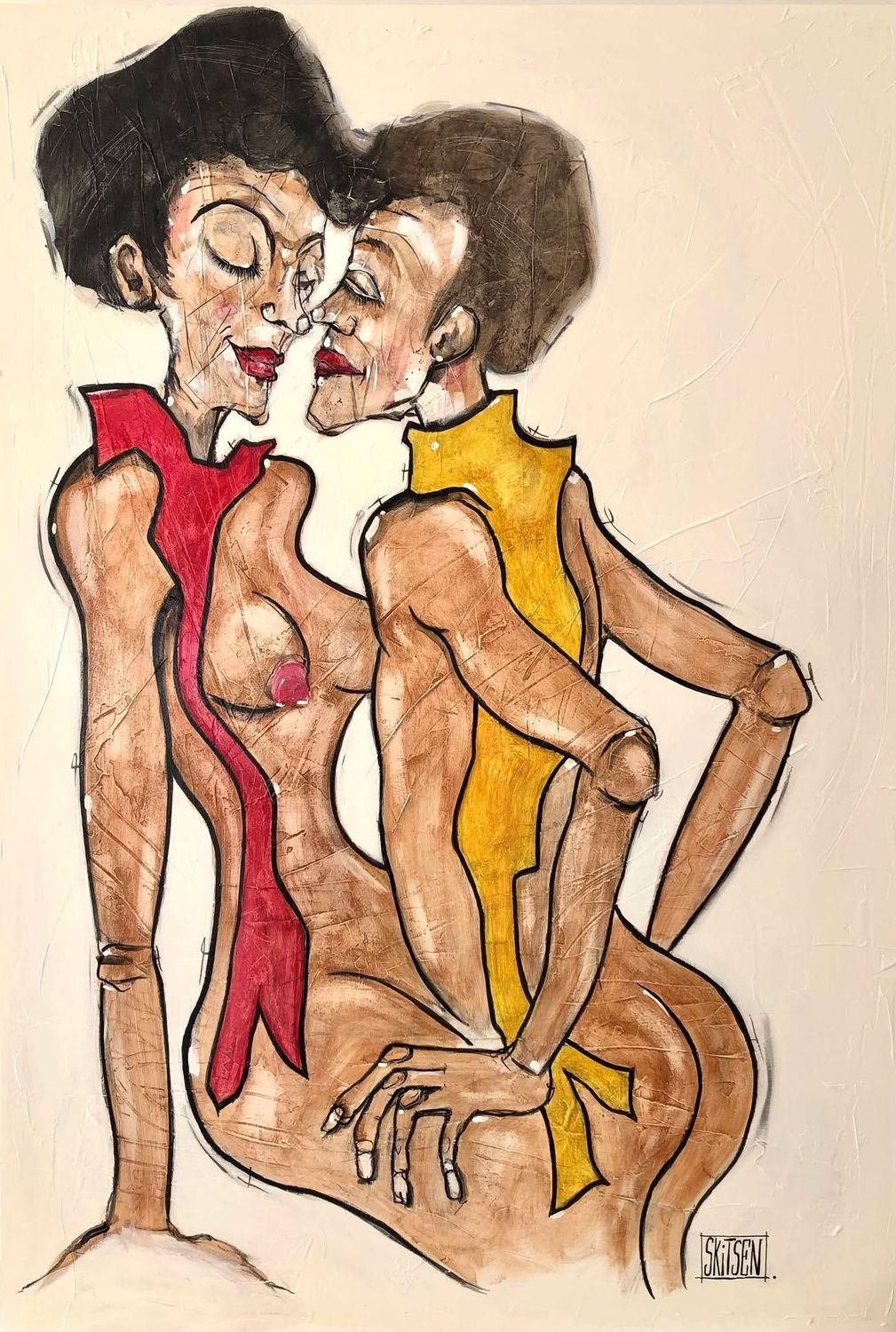 ´Fusion’  Sur une grande toile châssis lin de 116x81cm Fusains, pastels, encres…vernis "Skitsen"