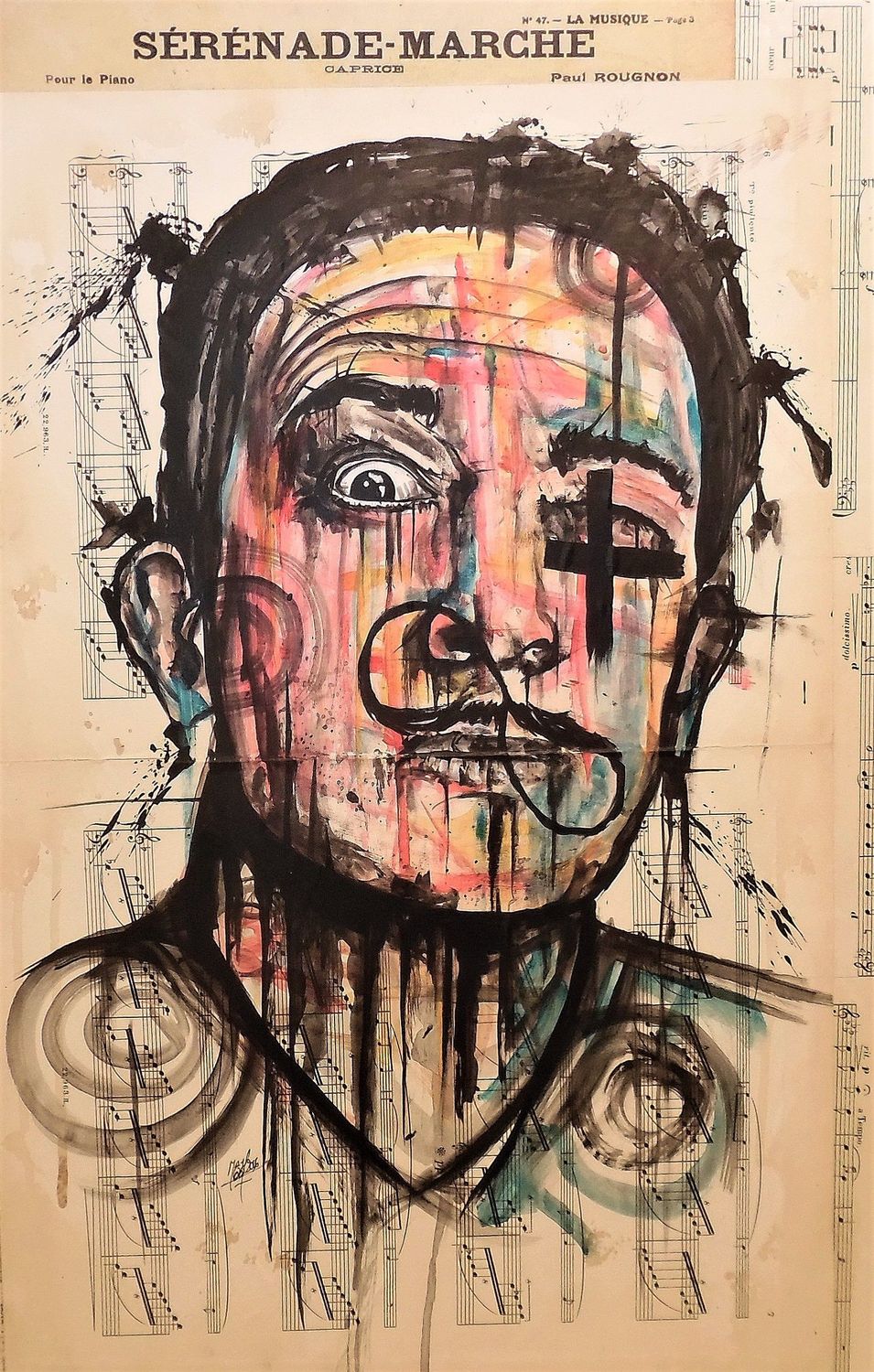 "DALI" Sur vieilles partitions et collé sur une plaque bois 64x40cm. Acrylique, encres... "Skitsen".