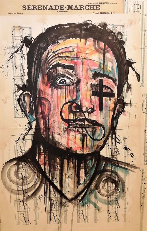 "DALI" Sur vieilles partitions et collé sur une plaque bois 64x40cm. Acrylique, encres... "Skitsen".