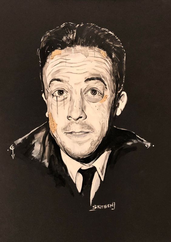 "Albert Camus".  Sur papier black 250gr 42x29,5cm.  Acrylique, encre chine....  "Skitsen"