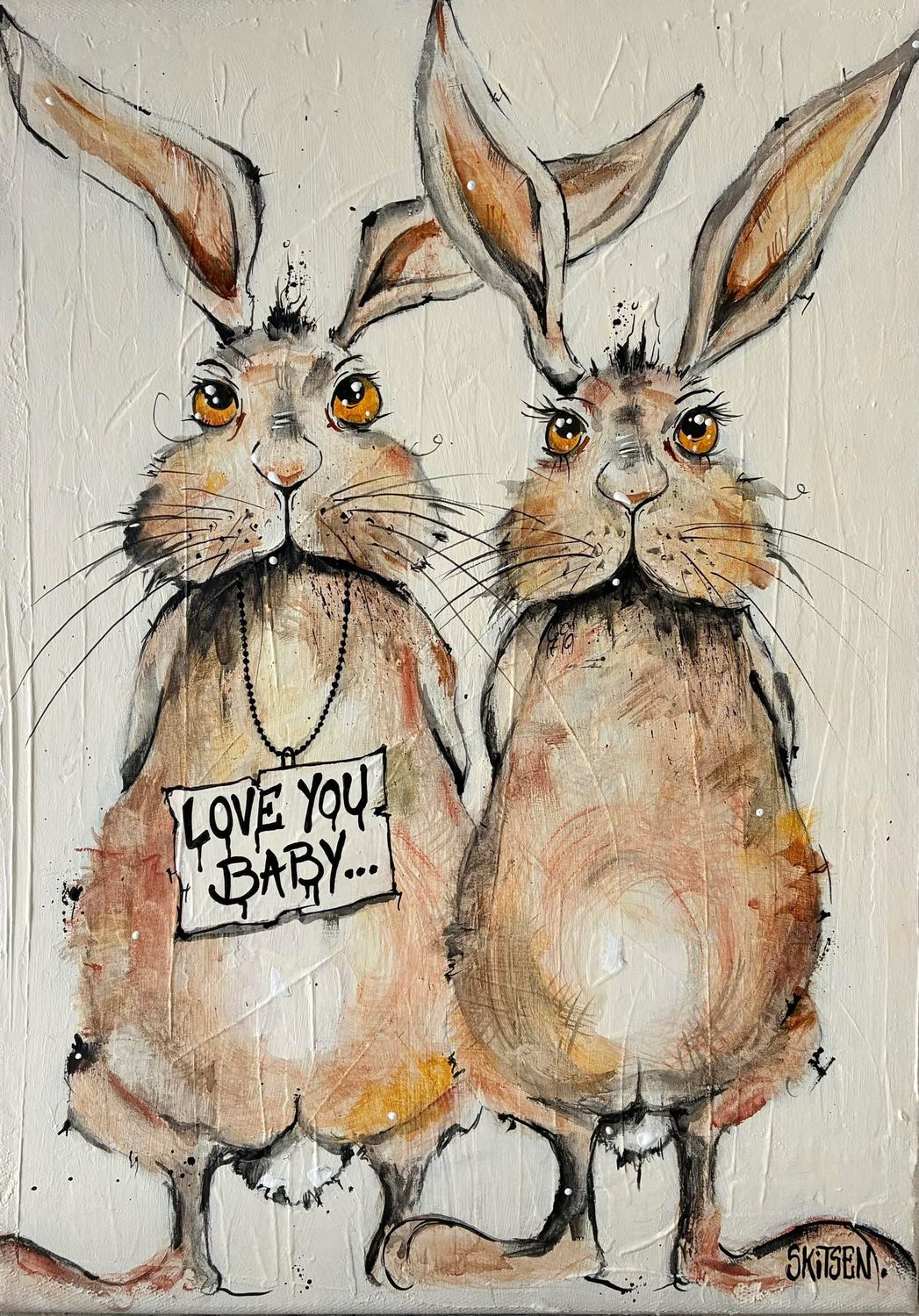 "Love you Baby". Sur toile châssis lin 46x33cm. Pastels, fusains, encres. "Skitsen"