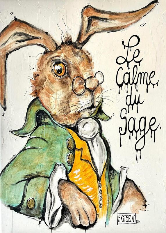 "Le calme du sage". Sur une toile châssis lin 70x50cm. Matière, pastels, encres.... "Skitsen".