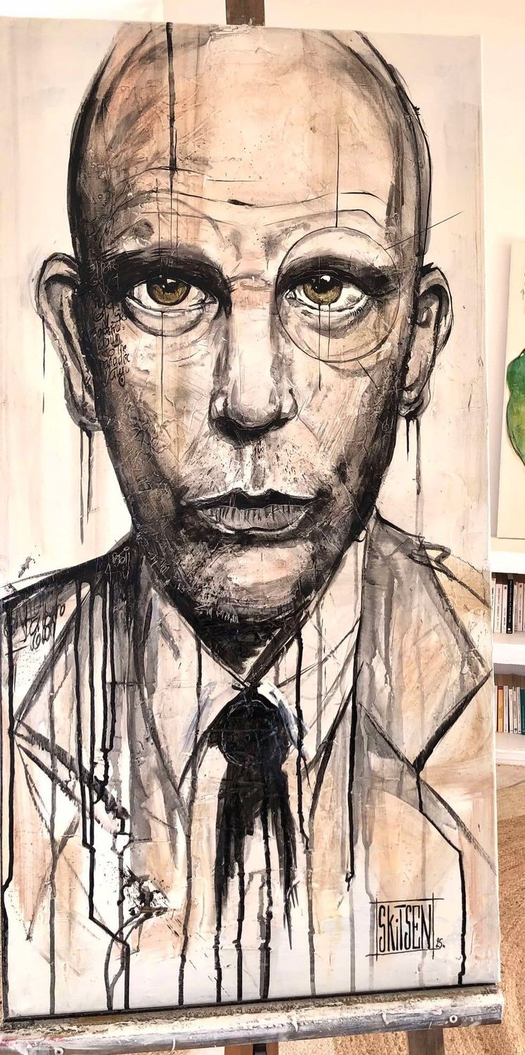 "Comme un air de John Malkovich' Sur une toile 3D de 100x50cm. Pastels, fusains, encres. "Skitsen".