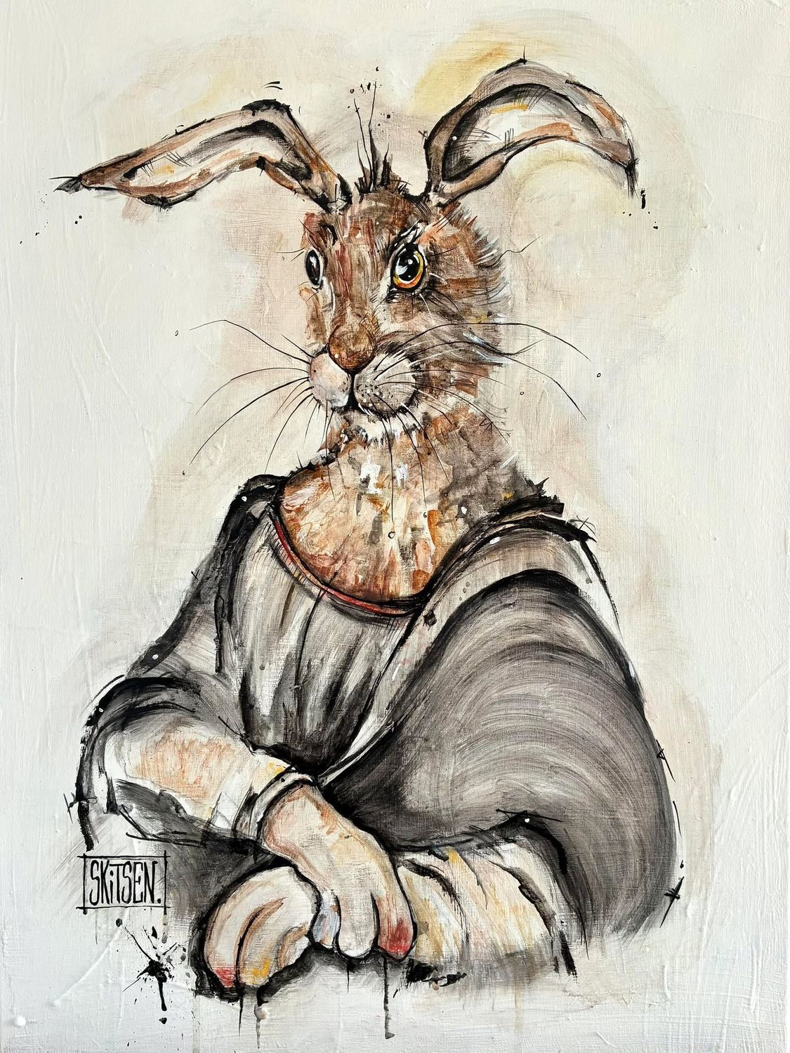 "La lapinou Joconde". Sur une toile châssis lin 61x46cm. Pastels, fusains, encres.. "Skitsen"