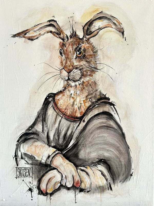 "La lapinou Joconde". Sur une toile châssis lin 61x46cm. Pastels, fusains, encres.. "Skitsen"
