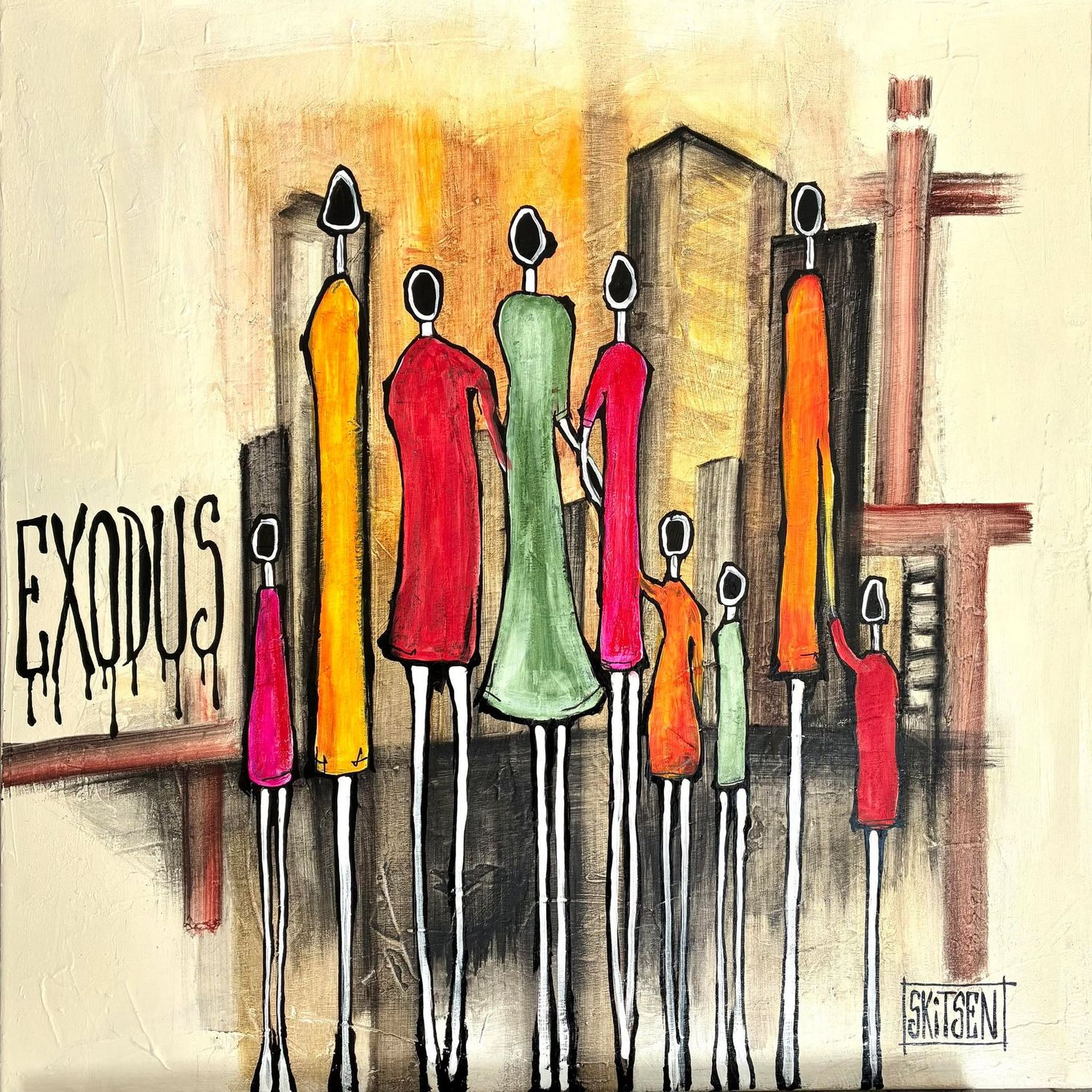 "Exodus".  Sur toile châssis li 60x60cm.  Pastels, fusains, encres. "Skitsen".