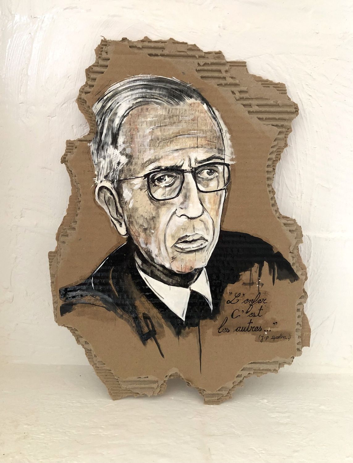 "Jean Paul SARTRE" L'enfer c'est les autres.... Sur un carton épais de 50cm de haut. Pastels, acrylique, encres. "Skitsen".
