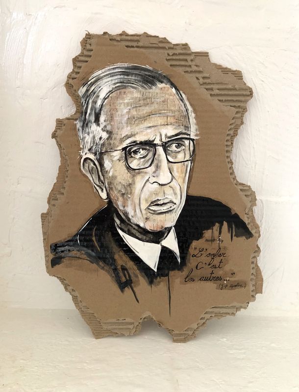 "Jean Paul SARTRE" L'enfer c'est les autres.... Sur un carton épais de 50cm de haut. Pastels, acrylique, encres. "Skitsen".