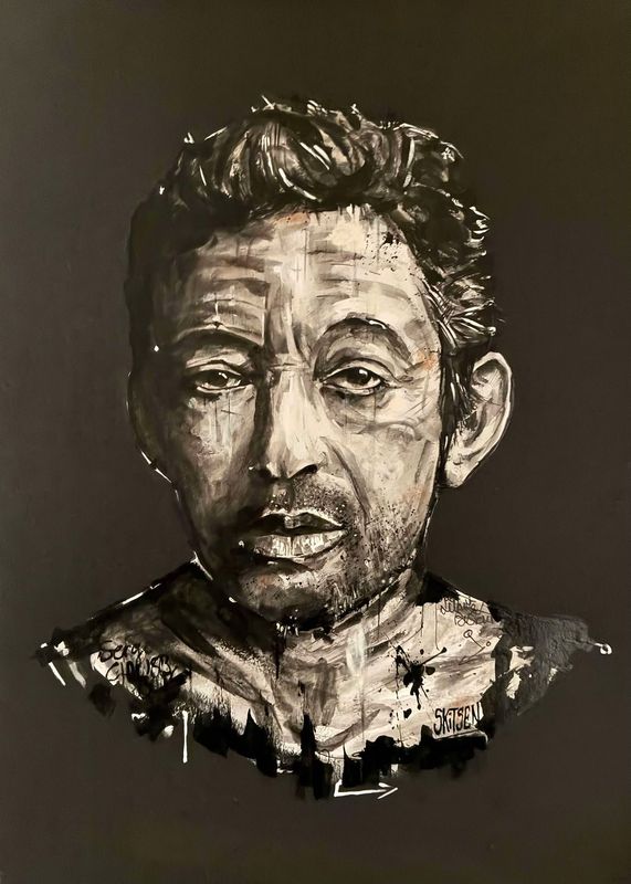 "S.Gainsbourg" Sur papier black 250gr 42x29,5cm. Acrylique, encre chine, pastels.