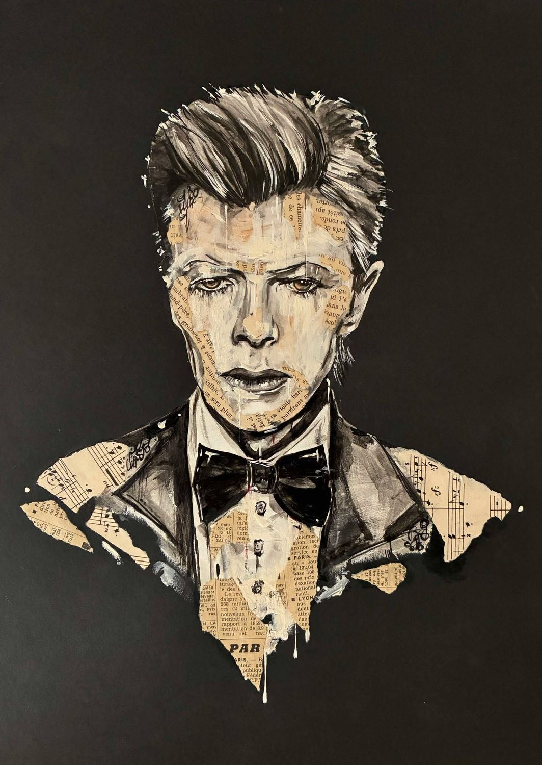 D.bowie. Sur papier Black 250gr 42x29,5cm. Acrylique, pastels, encre chine, collages. Skitsen
