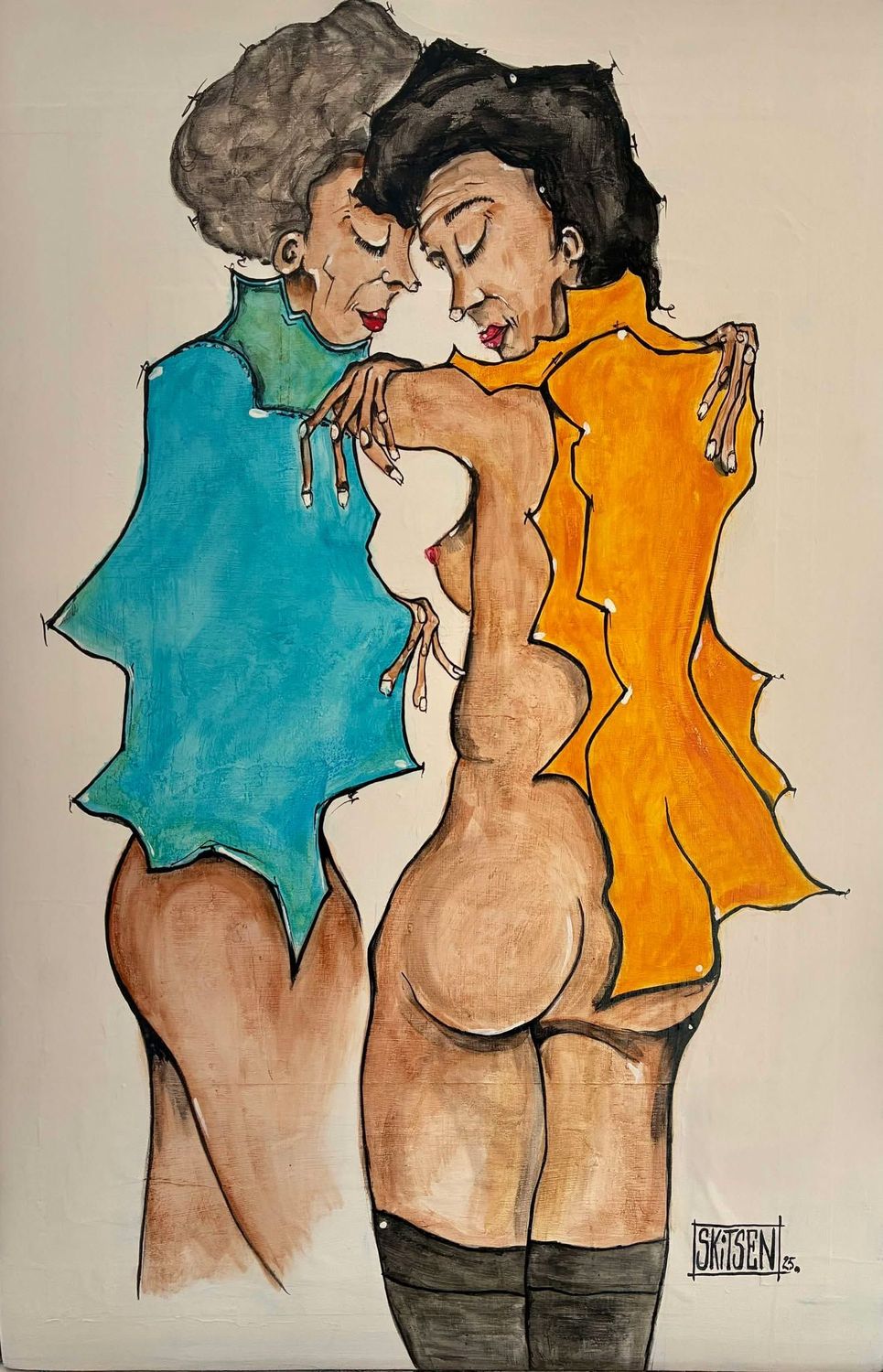 "Couple". Sur une plaque bois de 61x40,5cm. Pastels, acrylique, encres, vernis mat... "Skitsen"