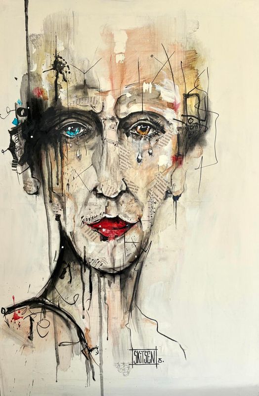 "Regard sur le monde". Sur une plaque bois de 60x40,5cm. Acrylique, encres, pastels. Skitsen.