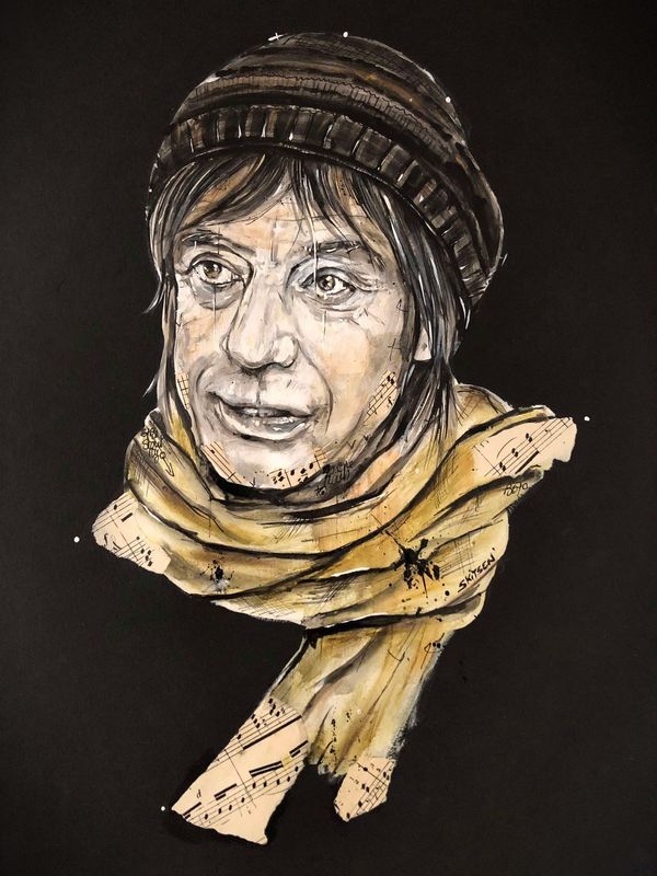 "Jean-Louis Aubert". Sur papier black 250gr 42x29,5cm. Pastels, acrylique, encre chine, pointes fines...collages partitions. 'Skitsen'