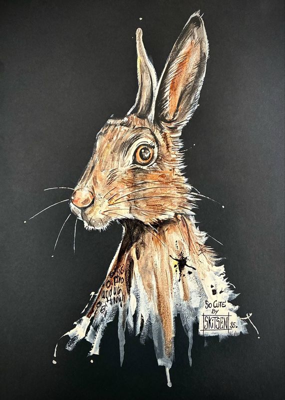 "So Cute". Petit lièvre sur papier black 250gr 42x29,5cm. Acrylique, pastels, fusains, encres. "Skitsen"