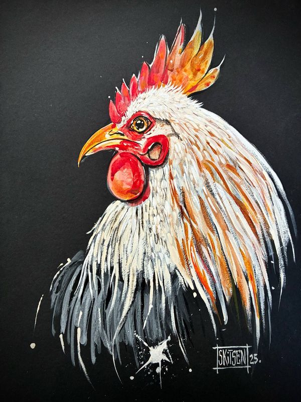 "La poule".! Sur papier black 250gr 42x29,5cm. Acrylique, pastels, encres. "Skitsen"