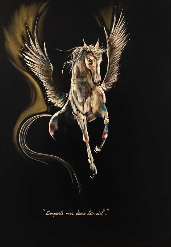 "Emporte moi dans ton ciel". Sur papier black 250gr 42x29,5cm Acrylique, pastels, poudre or. Skitsen.