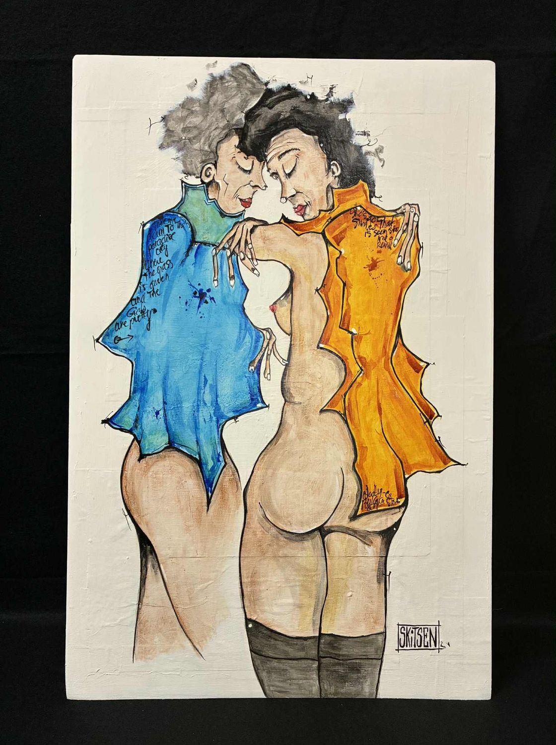 "Le couple". Réalisation sur une plaque de bois de 64x40,5cm Pastels, fusains, encres... "Skitsen"