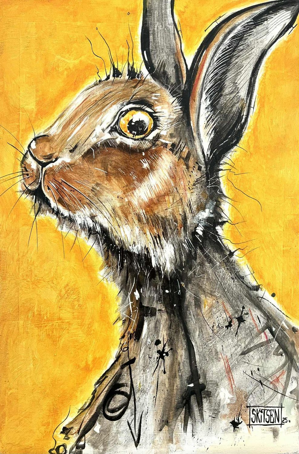 "Je te regarde". sur une plaque bois de 61x40,5cm. Pastels, fusains, encres... "Skitsen".