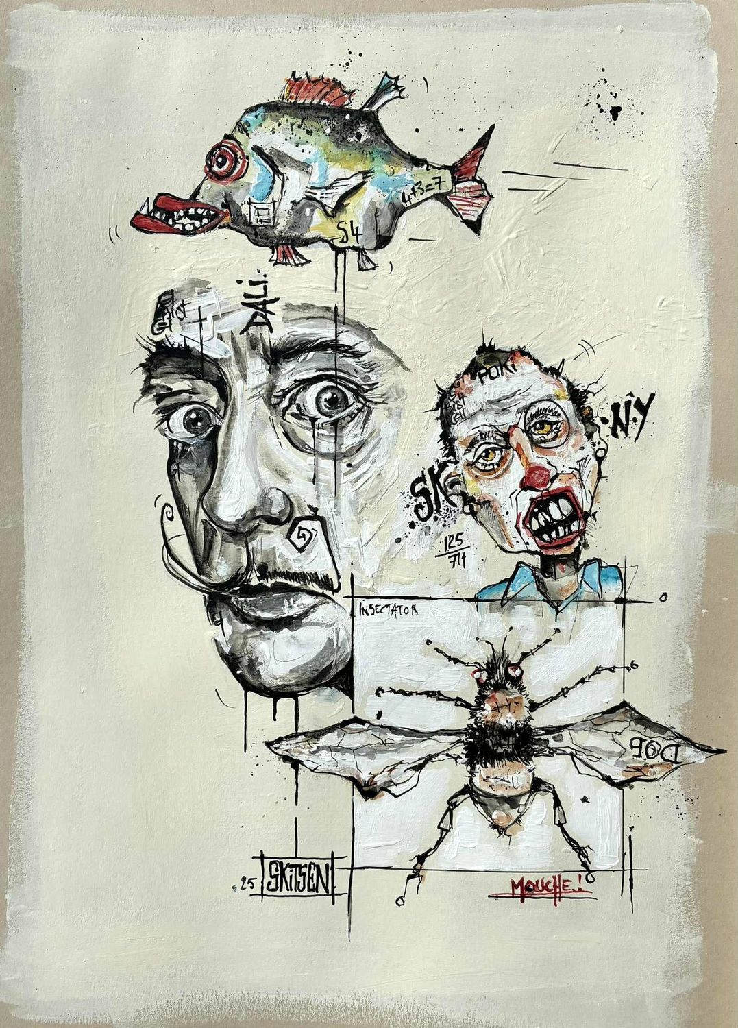 "Le bestiaire" Sur papier écru 250gr 42x29,5cm. Acrylique, pastels, encres. "Skitsen"