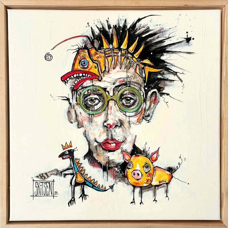 "Les couleurs de la vie". Sur une toile châssis coton dans une caisse américaine (Cadre bois) 52cm. Acrylique, pastels, encres.... "Skitsen".