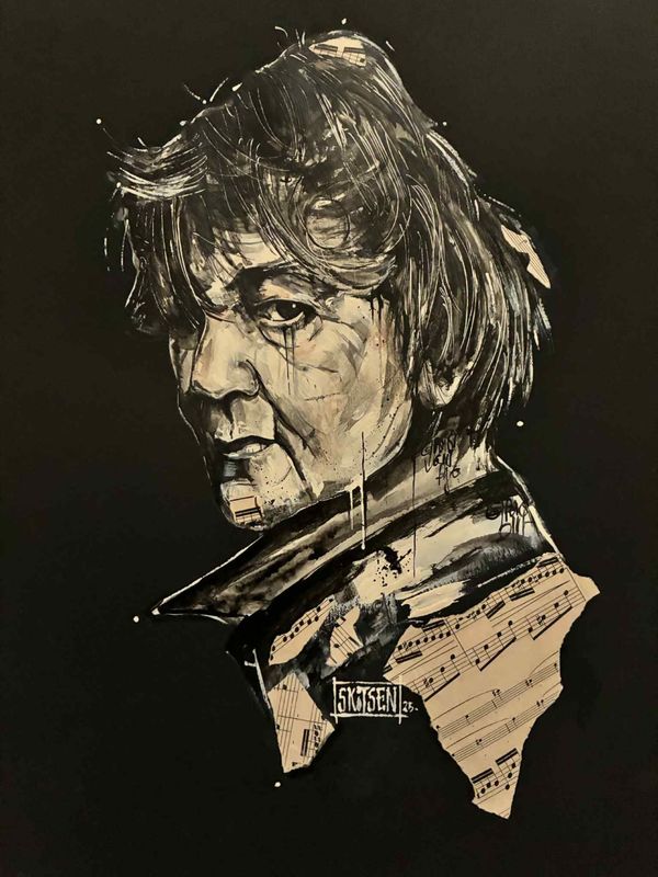 "Higelin". Sur papier black 250gr 42x29,5cm. Acrylique, pastels, encre chine, quelques collages. "Skitsen"