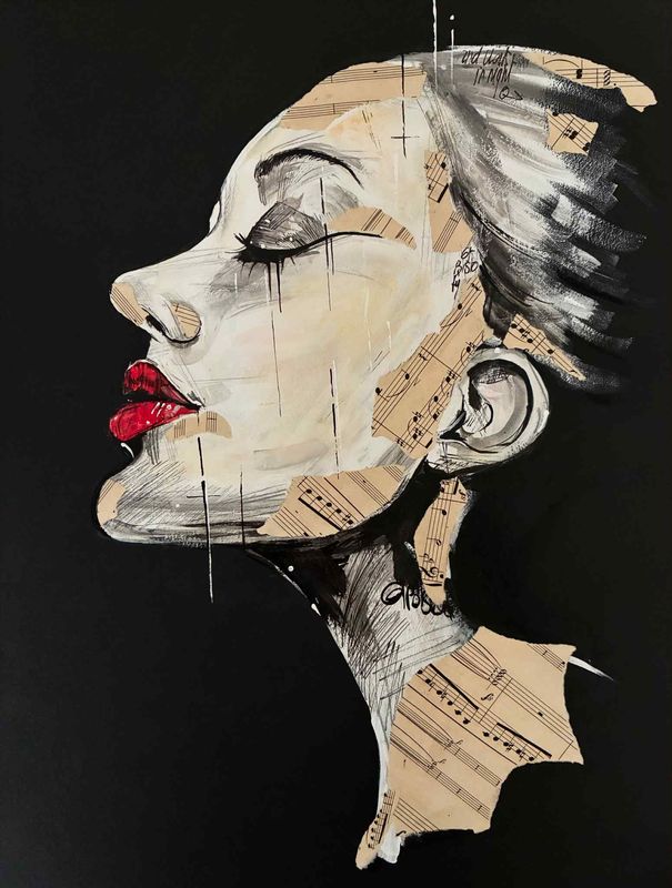 "La musicienne". Sur papier black 250gr 42x29,5cm. Acrylique, pastels, encre chine, quelques collages... "Skitsen"