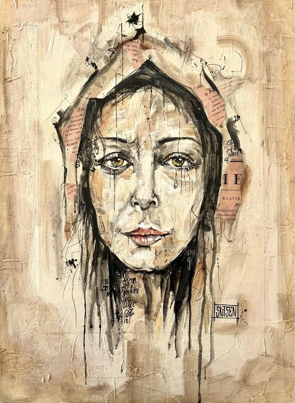 "Douleurs de la guerre....STOP". Sur une plaque bois de 59x40cm. Acrylique, pastels, encres, quelques collages.. "Skitsen".