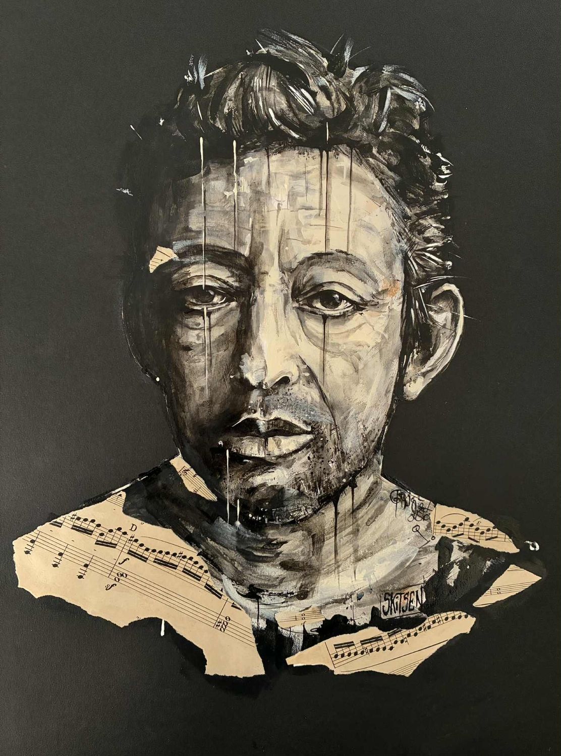 "S.Gainsbourg". Sur papier black 250gr 42x29,5cm. Acrylique, pastels, encre chine, quelques collages. "Skitsen"