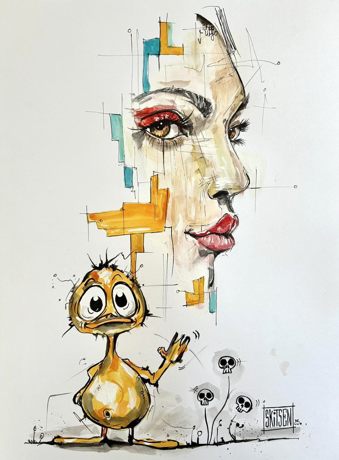 "Salut Poupée". Sur papier blanc 250gr 42x29,5cm. Acrylique, pastels, encres. "Skitsen".