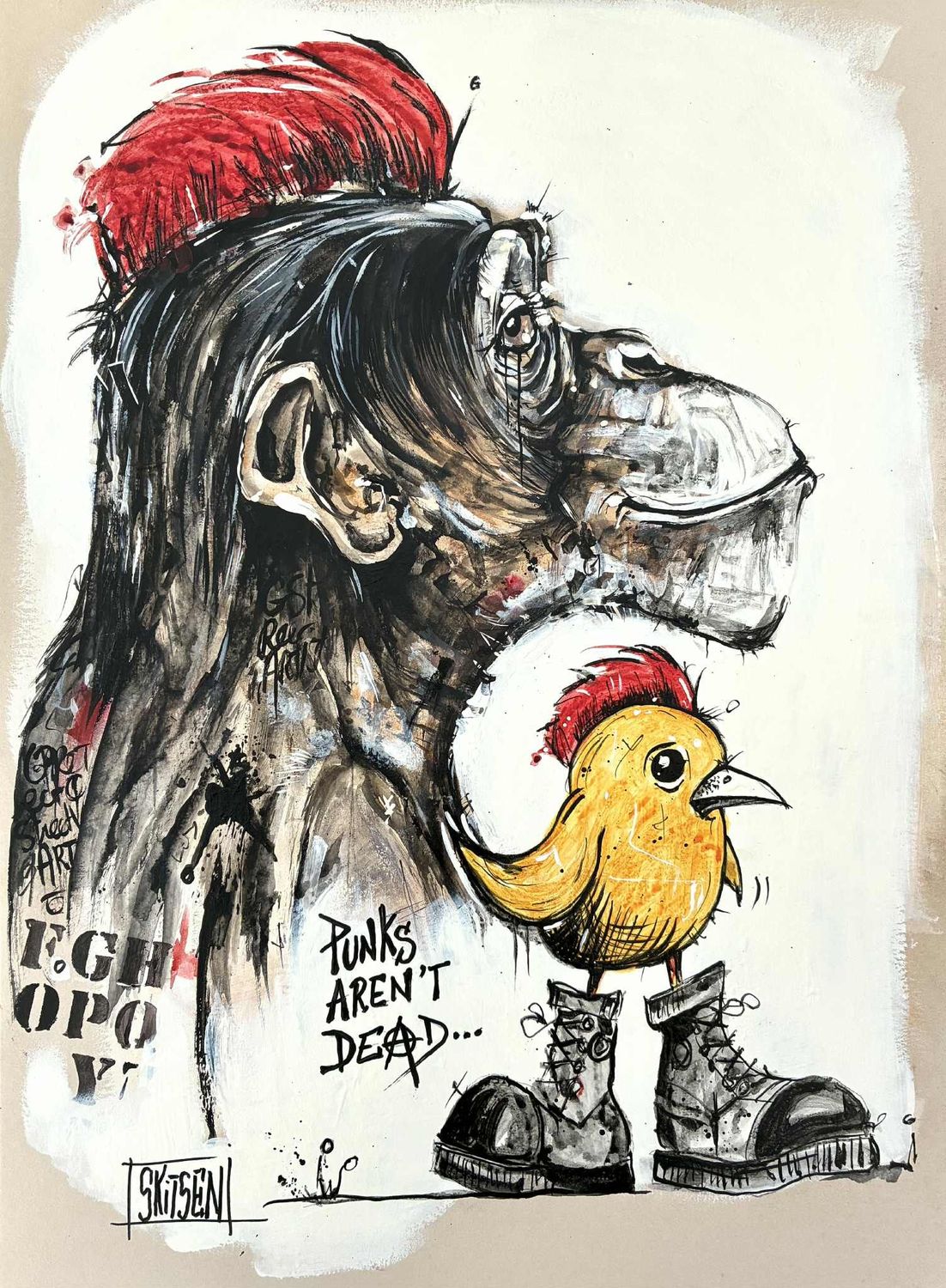 'Punks aren't dead". Sur papier écru 250gr 42x29,5cm. Acrylique, pastels, encres. "Skitsen"