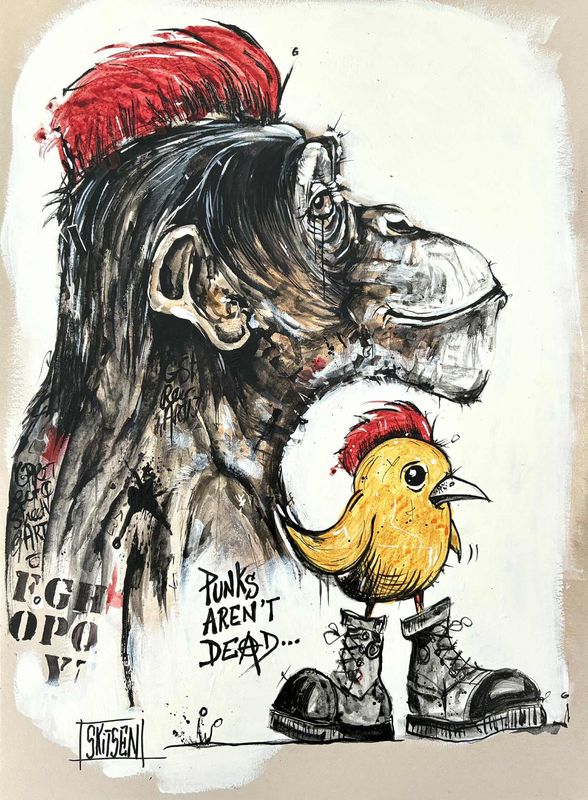 'Punks aren't dead". Sur papier écru 250gr 42x29,5cm. Acrylique, pastels, encres. "Skitsen"