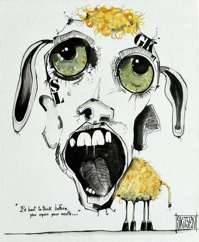 "Délire mouton". Sur toile châssis coton 60x50cm. Encres. "Skitsen"