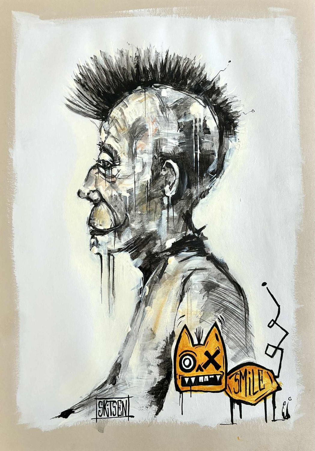 "Smile". Sur papier écru 250gr 42x29,5cm. Pastels, encres.... "Skitsen"