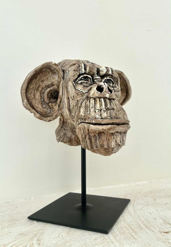 "Tête chimpanzé".  Sculpture argile de 25cm de haut.  Sur support pied métal.  Patine pigments naturels....Durcisseur, vernis.. "Skitsen"