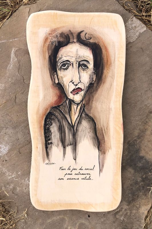 "Fuir le jeu social". Sur une plaque bois de 30x15cm env. Pastels, fusains...vernis. "Skitsen"