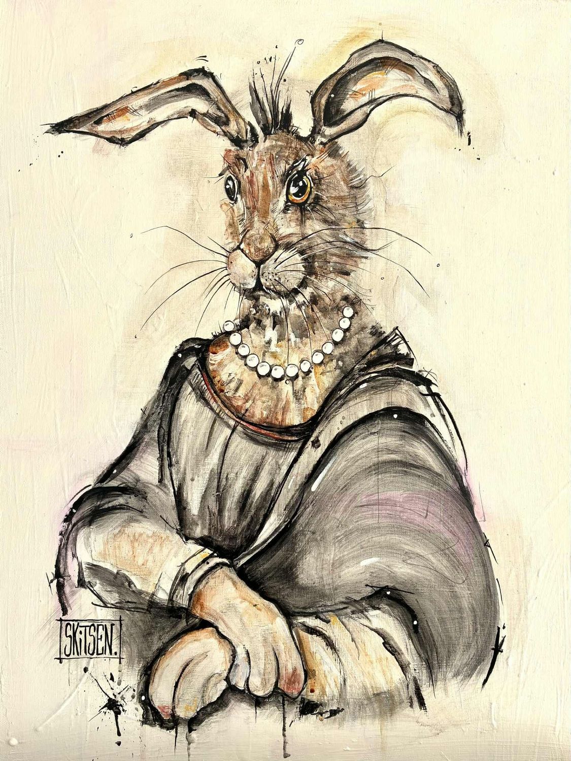 "Mona 'Pinou"...!!! La joconde revisitée sur toile châssis lin 61x46cm. Pastels, fusains, encres.. "Skitsen"