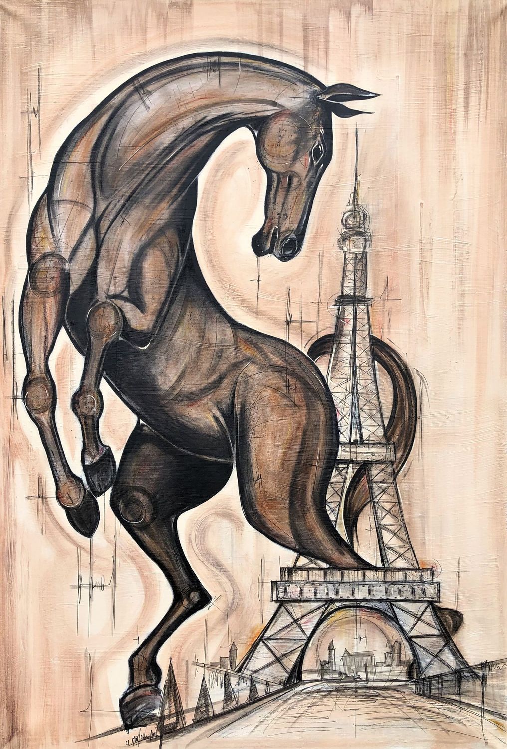"Ballade à Paris". Sur une grande toile châssis lin XXL de 130x89cm. Pastels, fusains, pointes fines. "Skitsen"