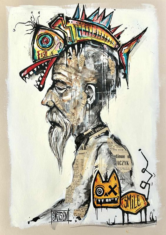 "Le sage en plein songes". Sur papier écru 250gr 42x29,5cm. Acrylique, pastels, encres, quelques collages? "Skitsen"