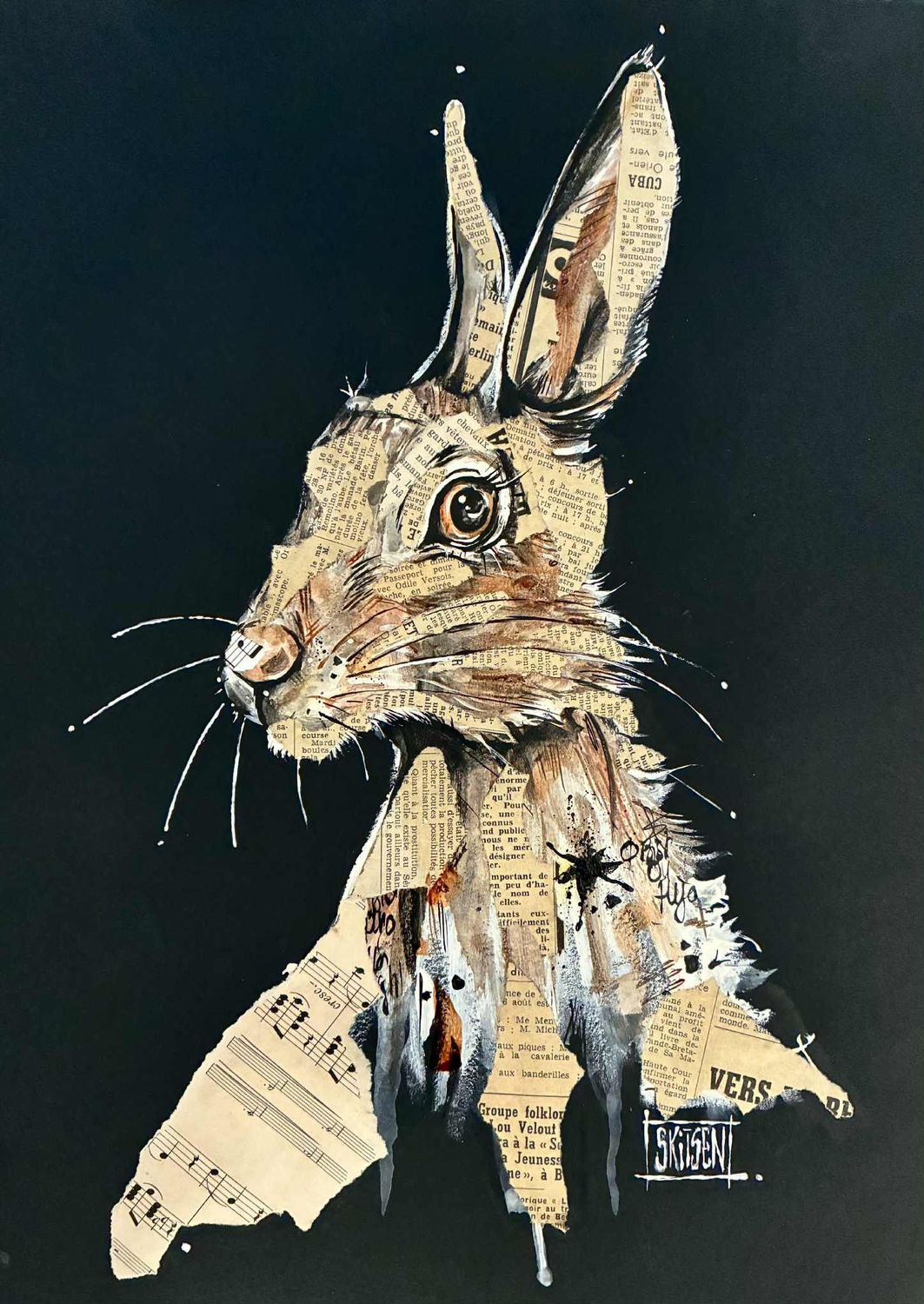 "So Cute".  Petit lièvre sur papier black 250gr 42x29,5cm. Acrylique, pastels, fusains, encres, collages.. "Skitsen"