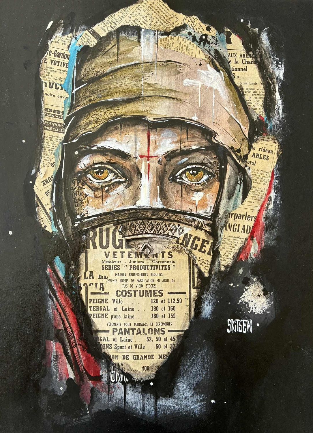 "Femme du monde".  Sur papier black 250gr 42x29,5cm. Acrylique, pastels, fusains, encres, collages.. "Skitsen"